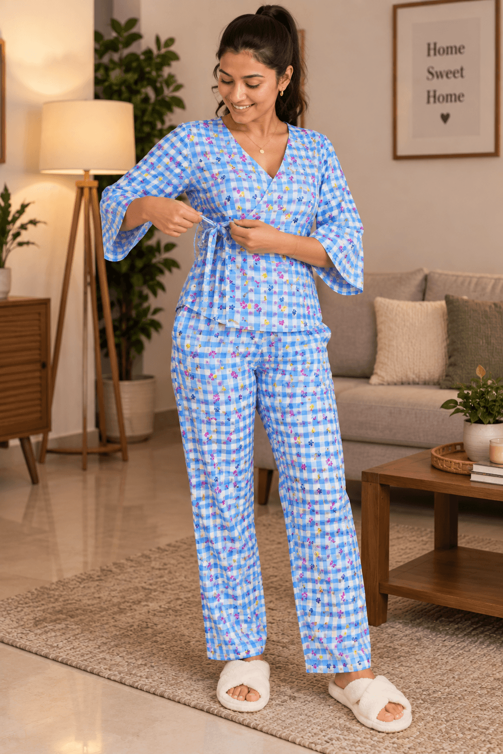 Women’s Co-Ord Set – 100% Cotton Floral Night suit Gingham Checkered Top & Pants | IVEARA